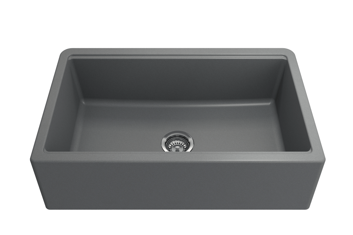 BOCCHI 1600-506-0120 Arona Apron-Front 33 in. Single Bowl Granite Composite Kitchen Sink with Integrated Workstation and Accessories in Concrete Gray