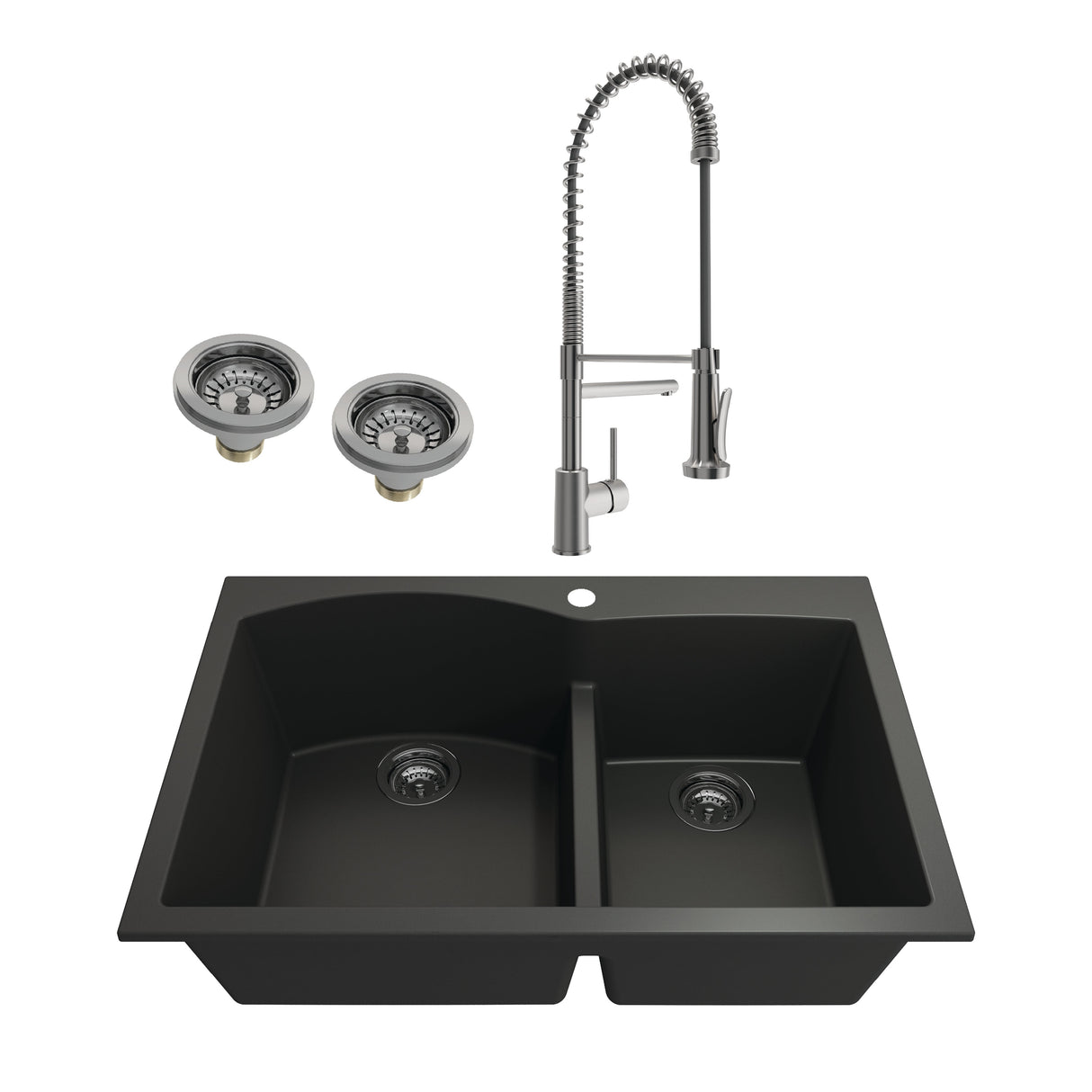BOCCHI 1602-504-2019SS Kit: 1602 Campino Duo Dual Mount Granite Composite 33 in. 60/40 Double Bowl Kitchen Sink & Strainers w/ Maggiore 2.0 Faucet
