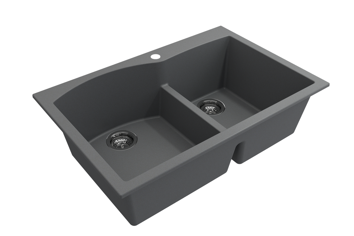 BOCCHI 1602-506-0126 Campino Duo Dual Mount Granite Composite 33 in. 60/40 Double Bowl Kitchen Sink with Strainers in Concrete Gray