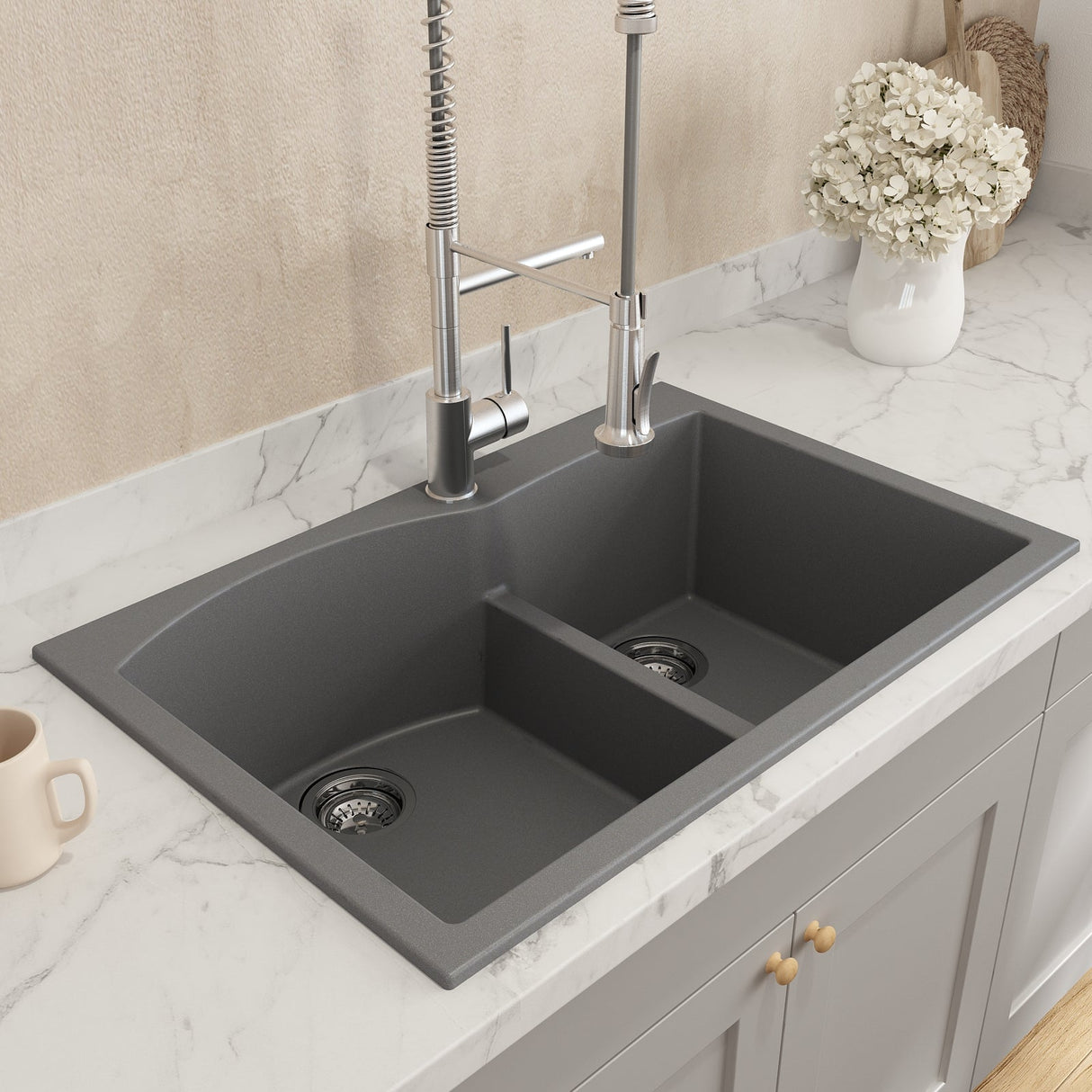 BOCCHI 1602-506-0126 Campino Duo Dual Mount Granite Composite 33 in. 60/40 Double Bowl Kitchen Sink with Strainers in Concrete Gray