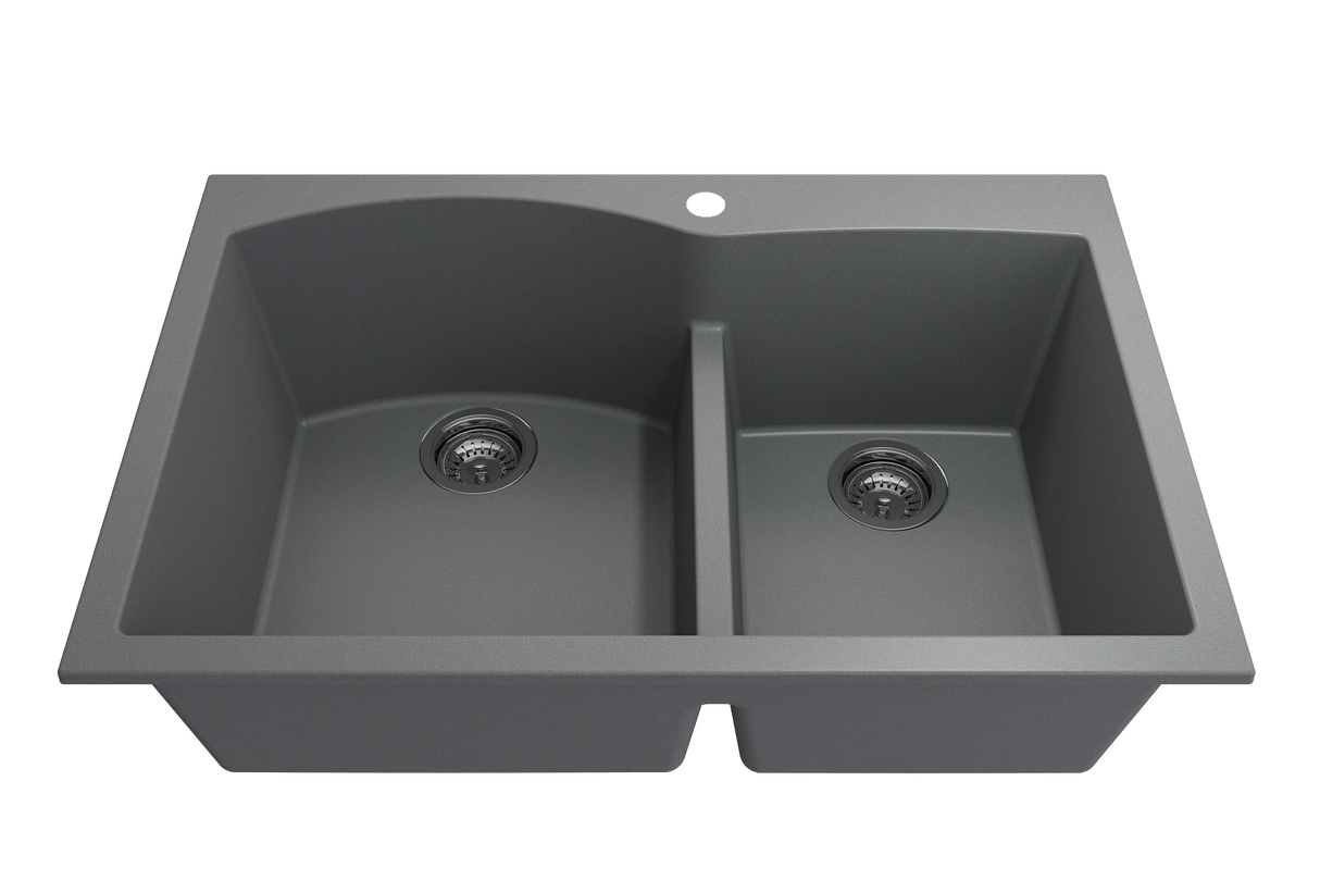 BOCCHI 1602-506-0126 Campino Duo Dual Mount Granite Composite 33 in. 60/40 Double Bowl Kitchen Sink with Strainers in Concrete Gray