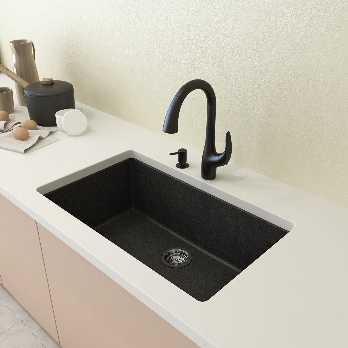 BOCCHI 1604-505-0126 Campino Uno Dual Mount Granite Composite 33 in. Single Bowl Kitchen Sink with Strainer in Metallic Black
