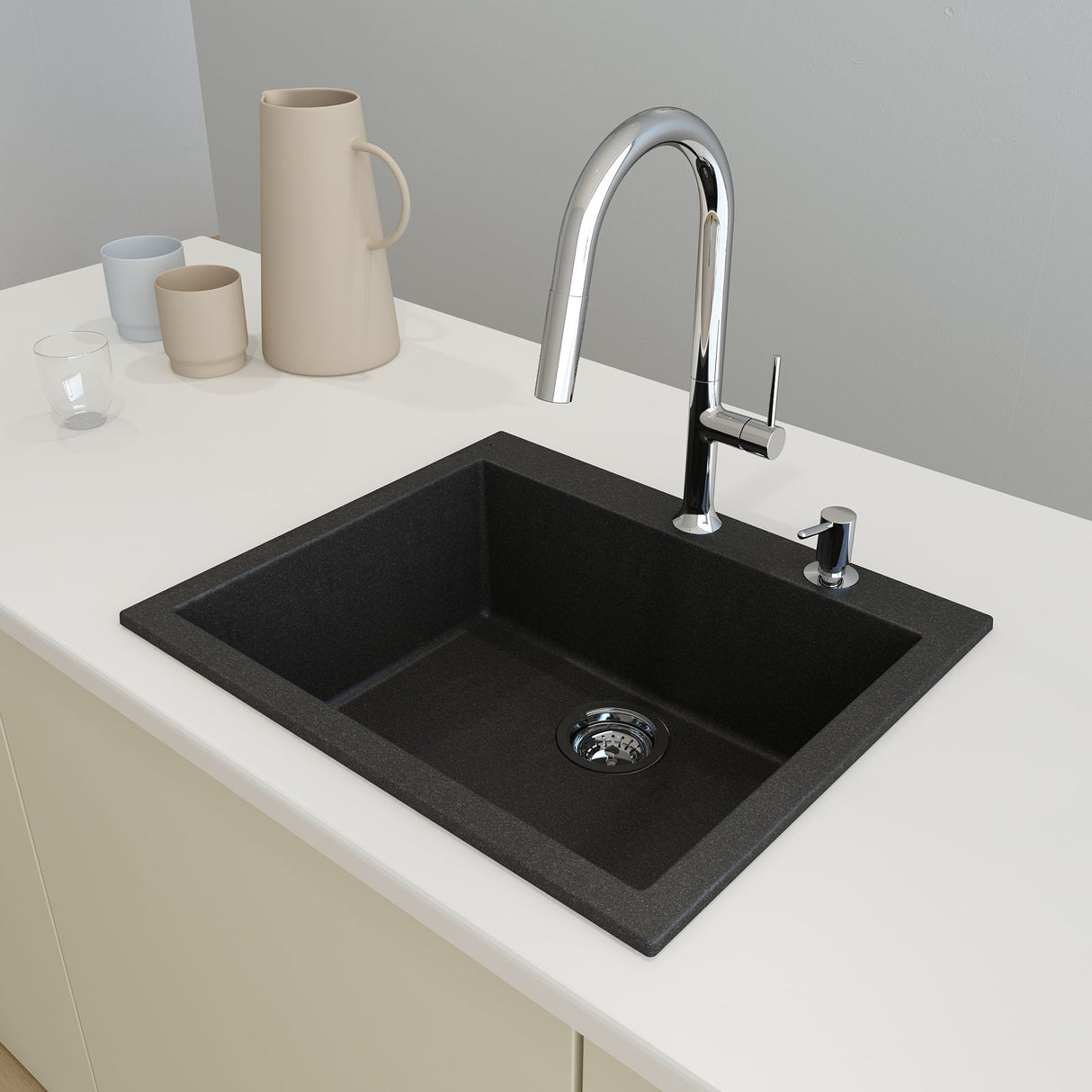 BOCCHI 1606-505-0126 Campino Uno Dual Mount Granite Composite 24 in. Single Bowl Kitchen Sink with Strainer in Metallic Black
