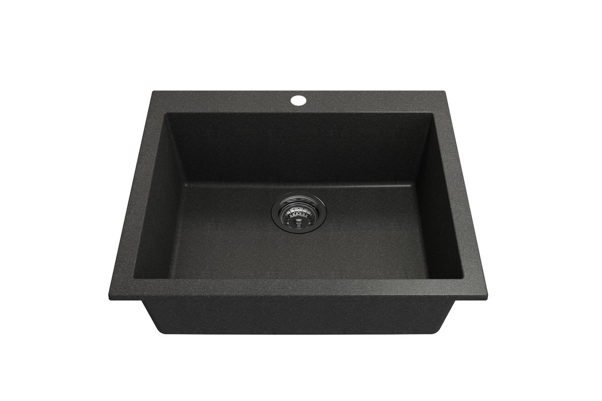 BOCCHI 1606-505-0126 Campino Uno Dual Mount Granite Composite 24 in. Single Bowl Kitchen Sink with Strainer in Metallic Black