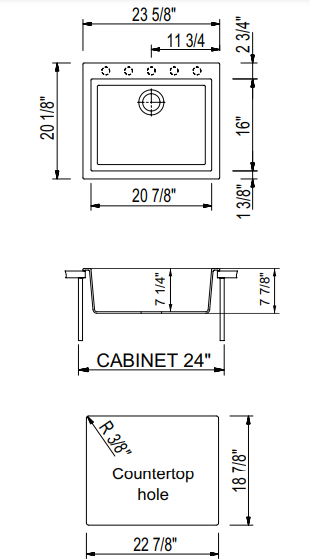 BOCCHI 1606-505-0126 Campino Uno Dual Mount Granite Composite 24 in. Single Bowl Kitchen Sink with Strainer in Metallic Black