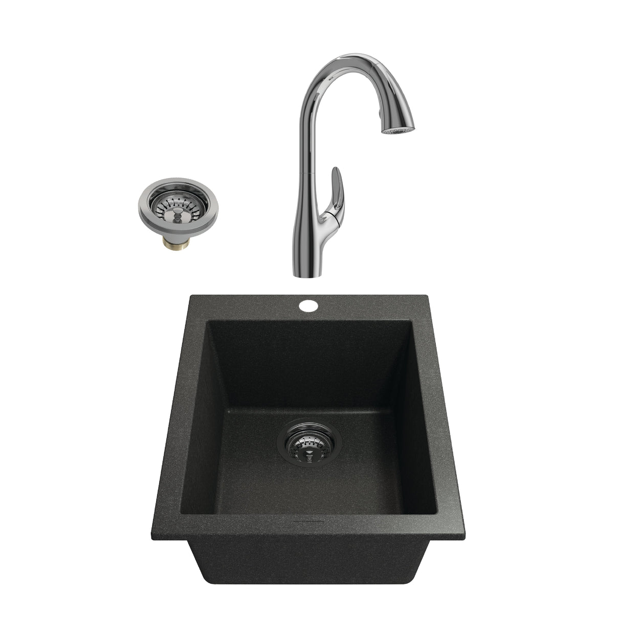 BOCCHI 1608-505-2024CH Kit: 1608 Campino Uno Dual Mount Granite Composite 16 in. Single Bowl Bar Sink & Strainer w/ Pagano 2.0 Faucet