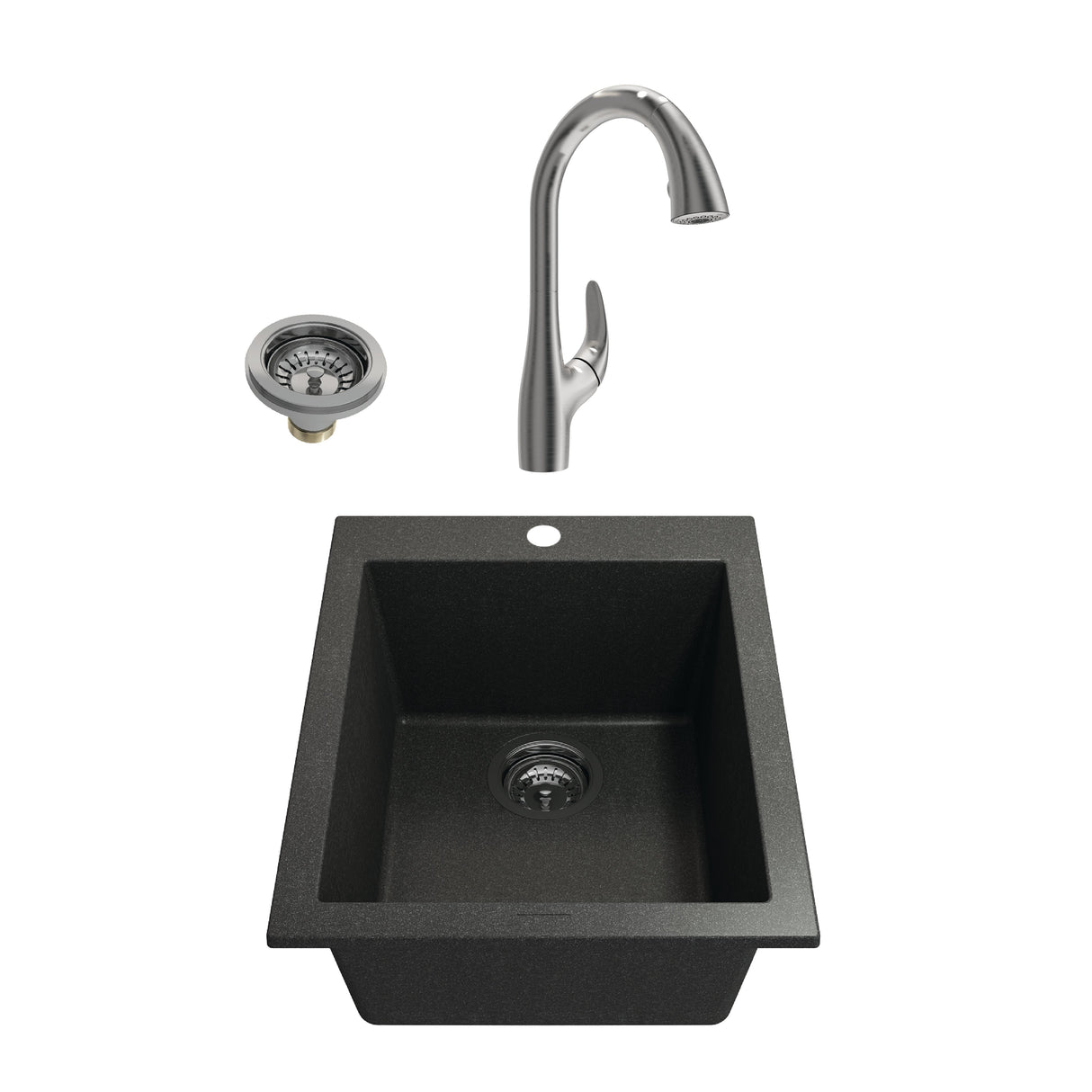 BOCCHI 1608-505-2024SS Kit: 1608 Campino Uno Dual Mount Granite Composite 16 in. Single Bowl Bar Sink & Strainer w/ Pagano 2.0 Faucet