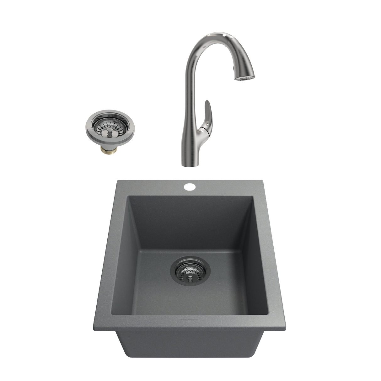 BOCCHI 1608-506-2024SS Kit: 1608 Campino Uno Dual Mount Granite Composite 16 in. Single Bowl Bar Sink & Strainer w/ Pagano 2.0 2.0 Faucet
