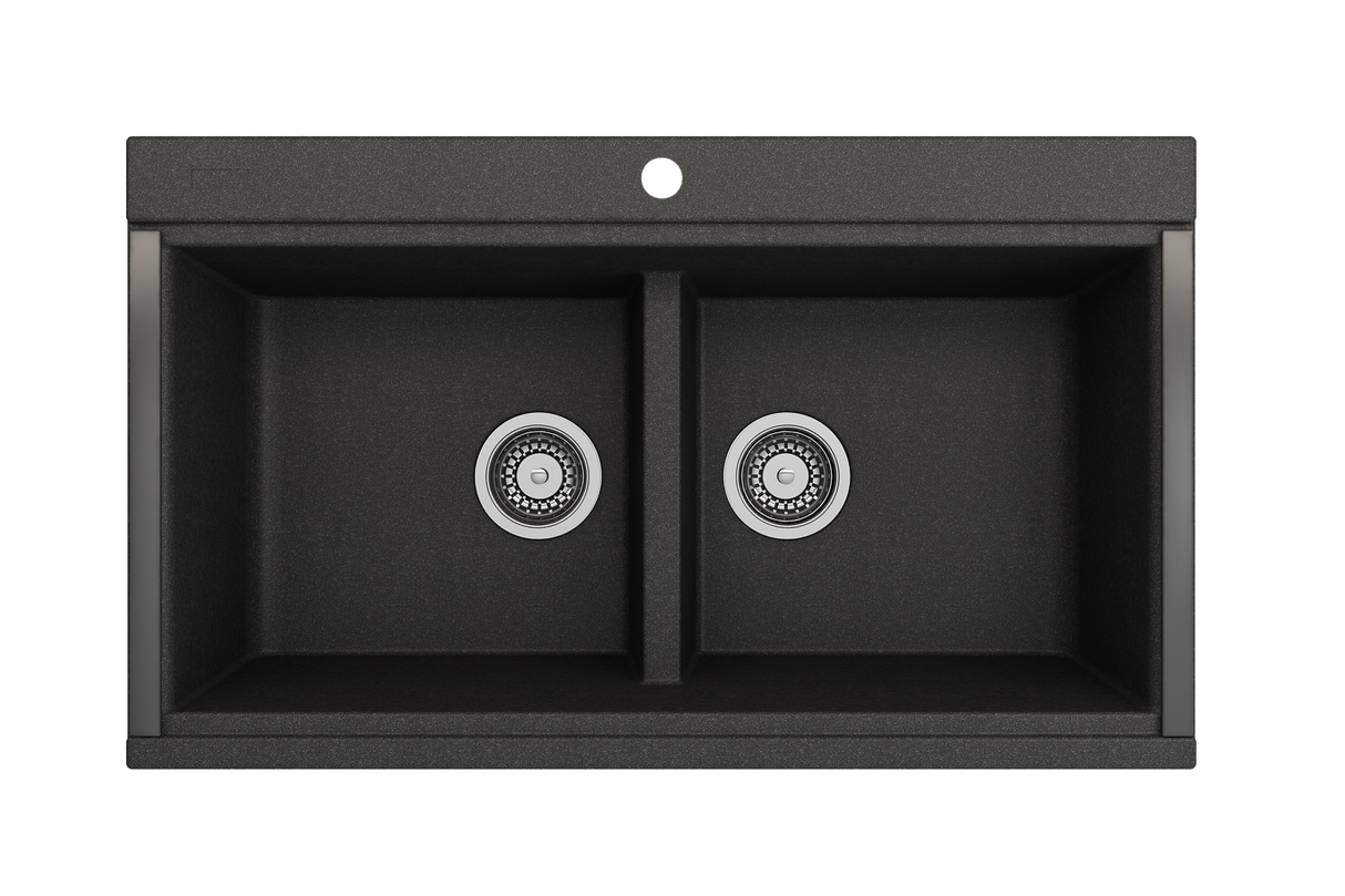 BOCCHI 1618-505-0126HP Baveno Lux Undermount 34D in. Double Bowl Granite Composite Kitchen Sink with Integrated Workstation and Accessories in Metallic Black with Covers
