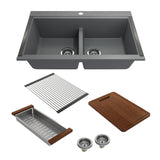 BOCCHI 1618-506-0126 Baveno Lux Undermount 34D in. Double Bowl Granite Composite Kitchen Sink with Integrated Workstation and Accessories in Concrete Gray