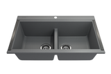 BOCCHI 1618-506-0126HP Baveno Lux Undermount 34D in. Double Bowl Granite Composite Kitchen Sink with Integrated Workstation and Accessories in Concrete Gray with Covers