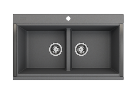 BOCCHI 1618-506-0126HP Baveno Lux Undermount 34D in. Double Bowl Granite Composite Kitchen Sink with Integrated Workstation and Accessories in Concrete Gray with Covers