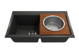 BOCCHI 2320 0014 Wood Board with Large Round Stainless Steel Mixing Bowl and Colander F/1616, 1618, 1633 (inner ledge)