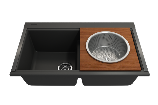 BOCCHI 2320 0014 Wood Board with Large Round Stainless Steel Mixing Bowl and Colander F/1616, 1618, 1633 (inner ledge)