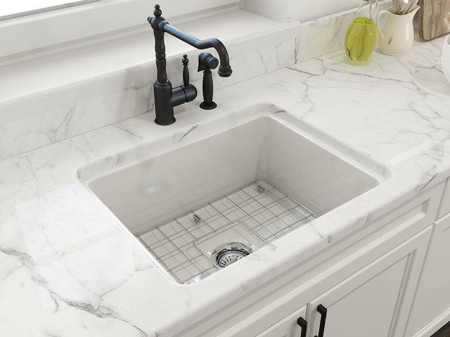 BOCCHI 1627-001-0120 Sotto Dual-Mount Fireclay 24 in. Single Bowl Kitchen Sink with Protective Bottom Grid and Strainer in White