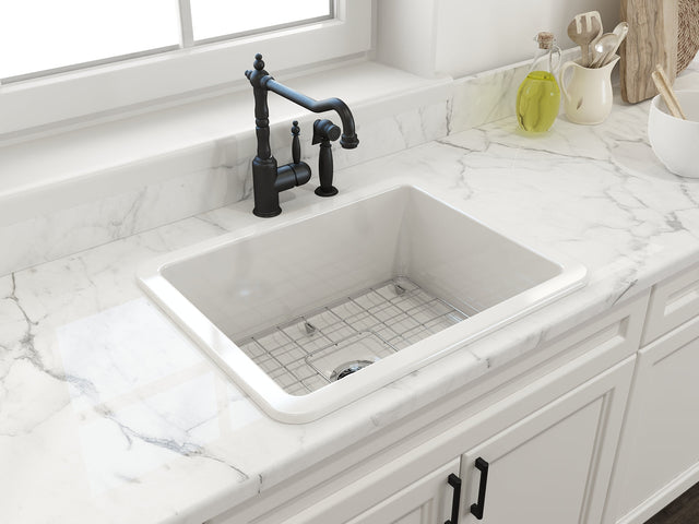BOCCHI 1627-001-0120 Sotto Dual-Mount Fireclay 24 in. Single Bowl Kitchen Sink with Protective Bottom Grid and Strainer in White