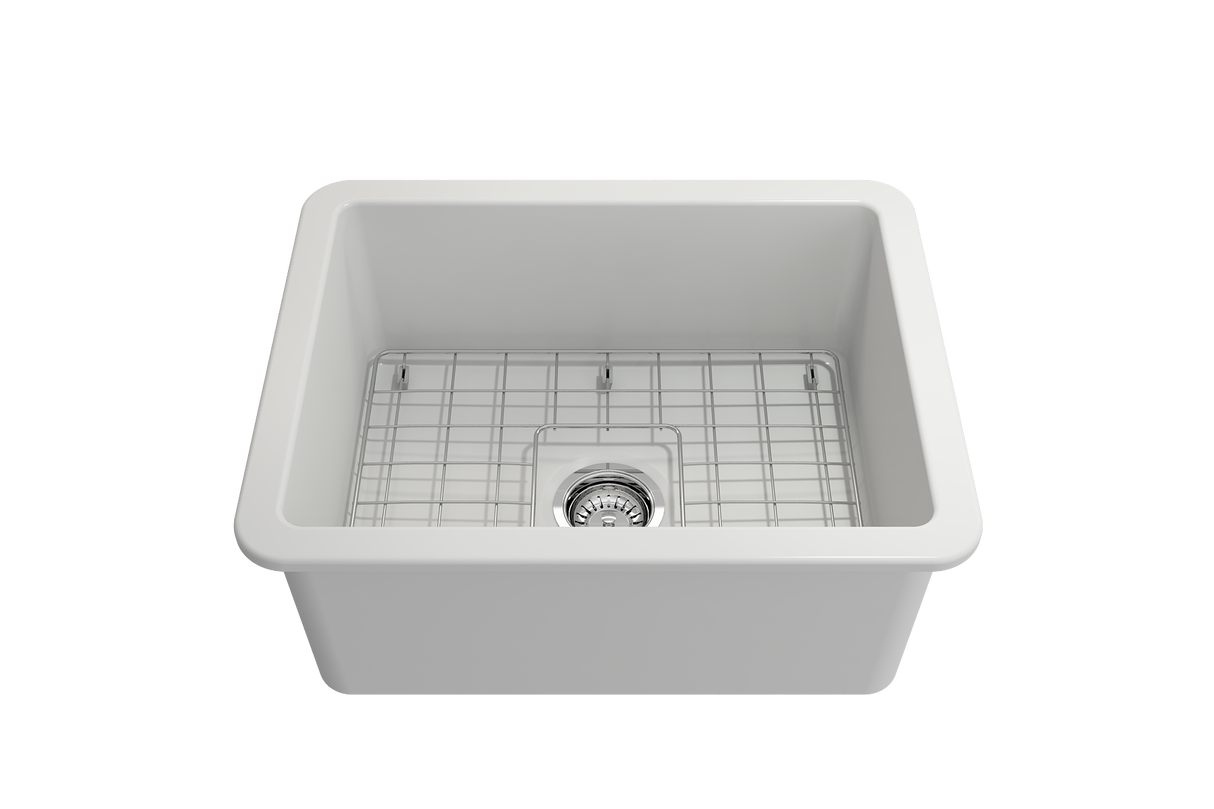 BOCCHI 1627-002-0120 Sotto Dual-Mount Fireclay 24 in. Single Bowl Kitchen Sink with Protective Bottom Grid and Strainer in Matte White