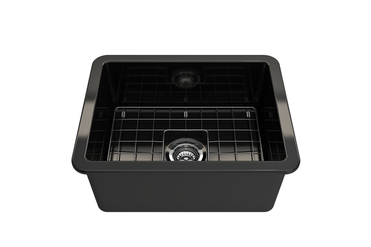 BOCCHI 1627-005-0120 Sotto Dual-Mount Fireclay 24 in. Single Bowl Kitchen Sink with Protective Bottom Grid and Strainer in Black