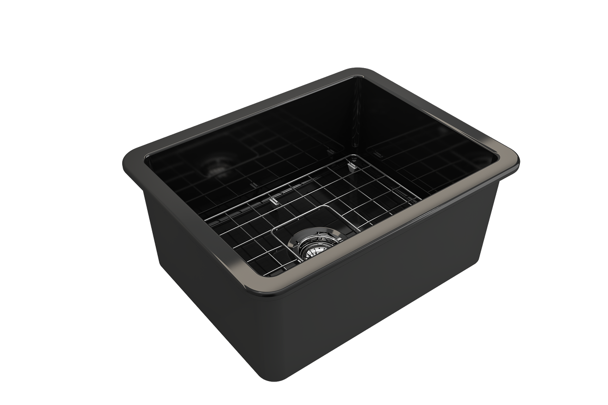 BOCCHI 1627-005-0120 Sotto Dual-Mount Fireclay 24 in. Single Bowl Kitchen Sink with Protective Bottom Grid and Strainer in Black