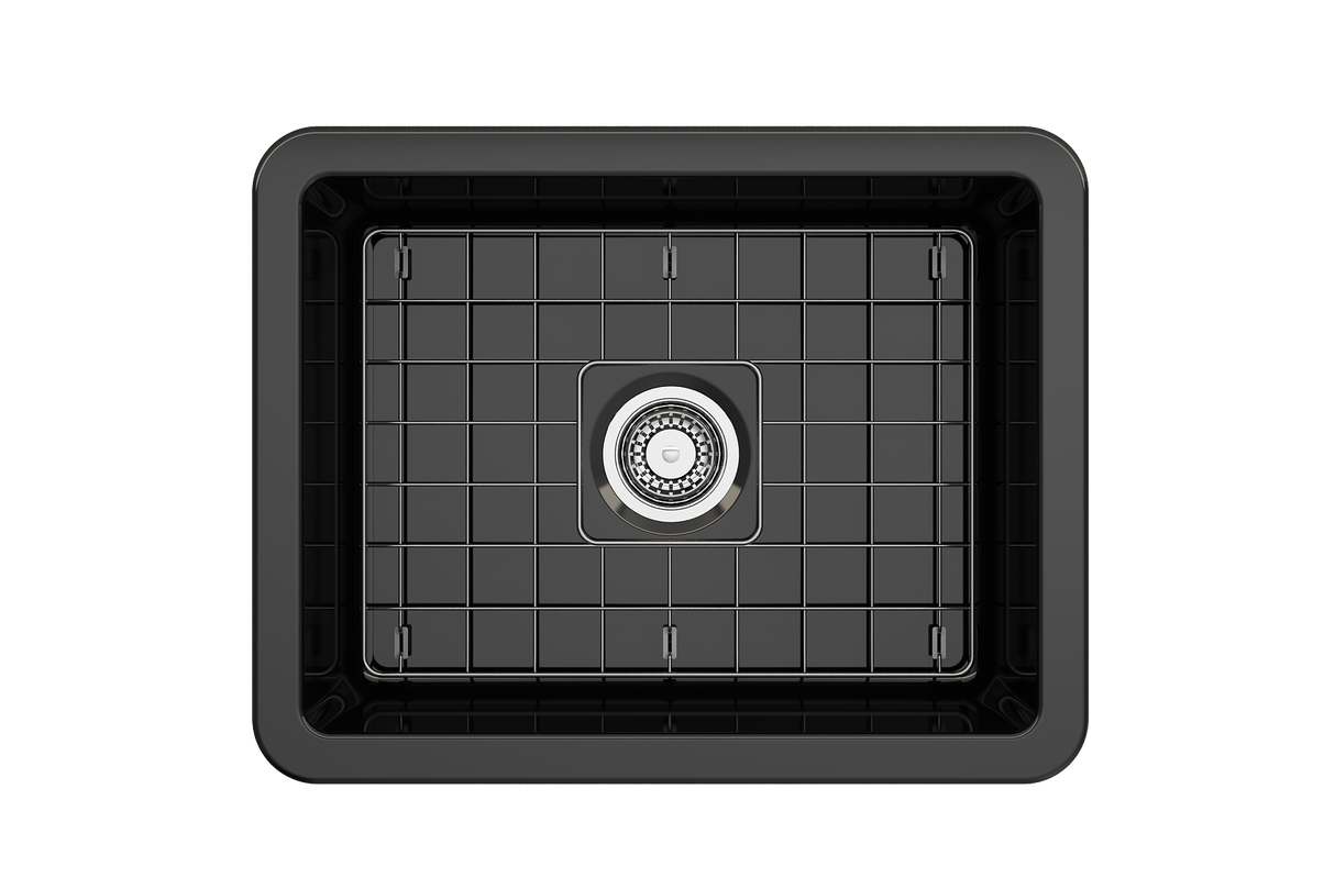 BOCCHI 1627-005-0120 Sotto Dual-Mount Fireclay 24 in. Single Bowl Kitchen Sink with Protective Bottom Grid and Strainer in Black