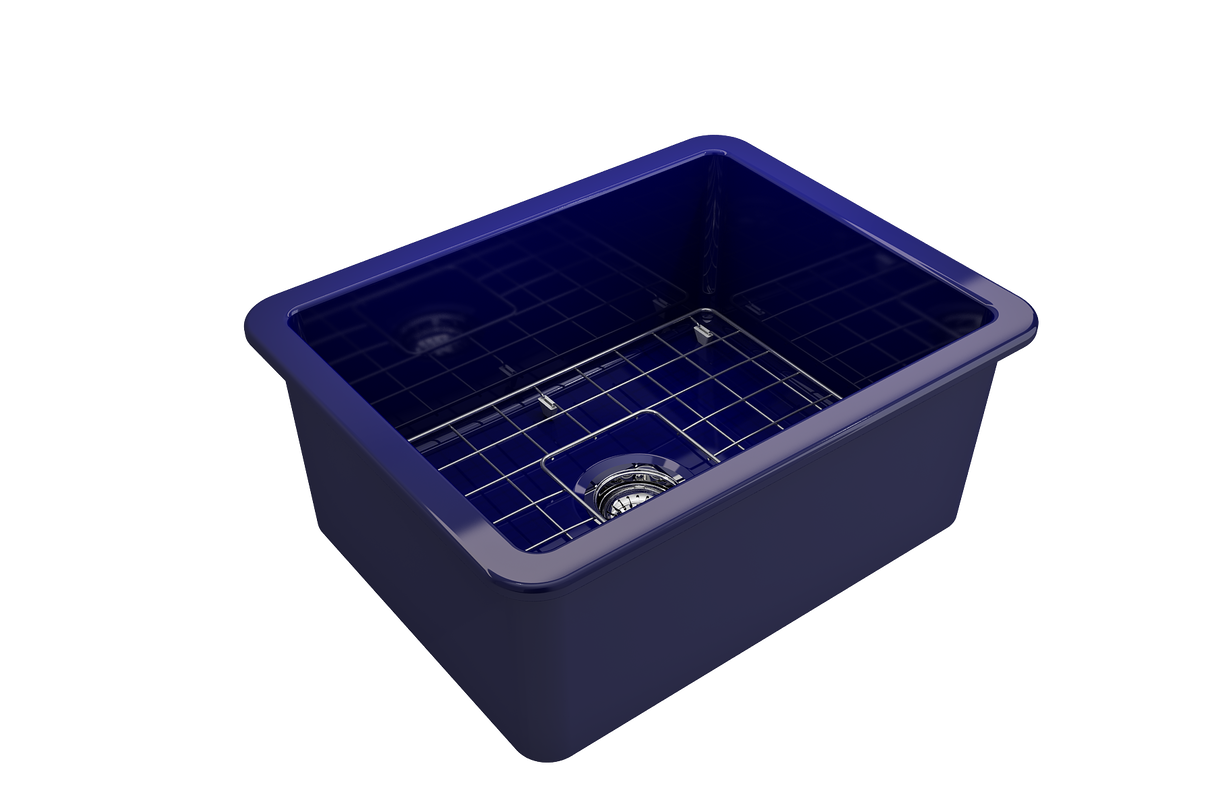 BOCCHI 1627-010-0120 Sotto Dual-Mount Fireclay 24 in. Single Bowl Kitchen Sink with Protective Bottom Grid and Strainer in Sapphire Blue