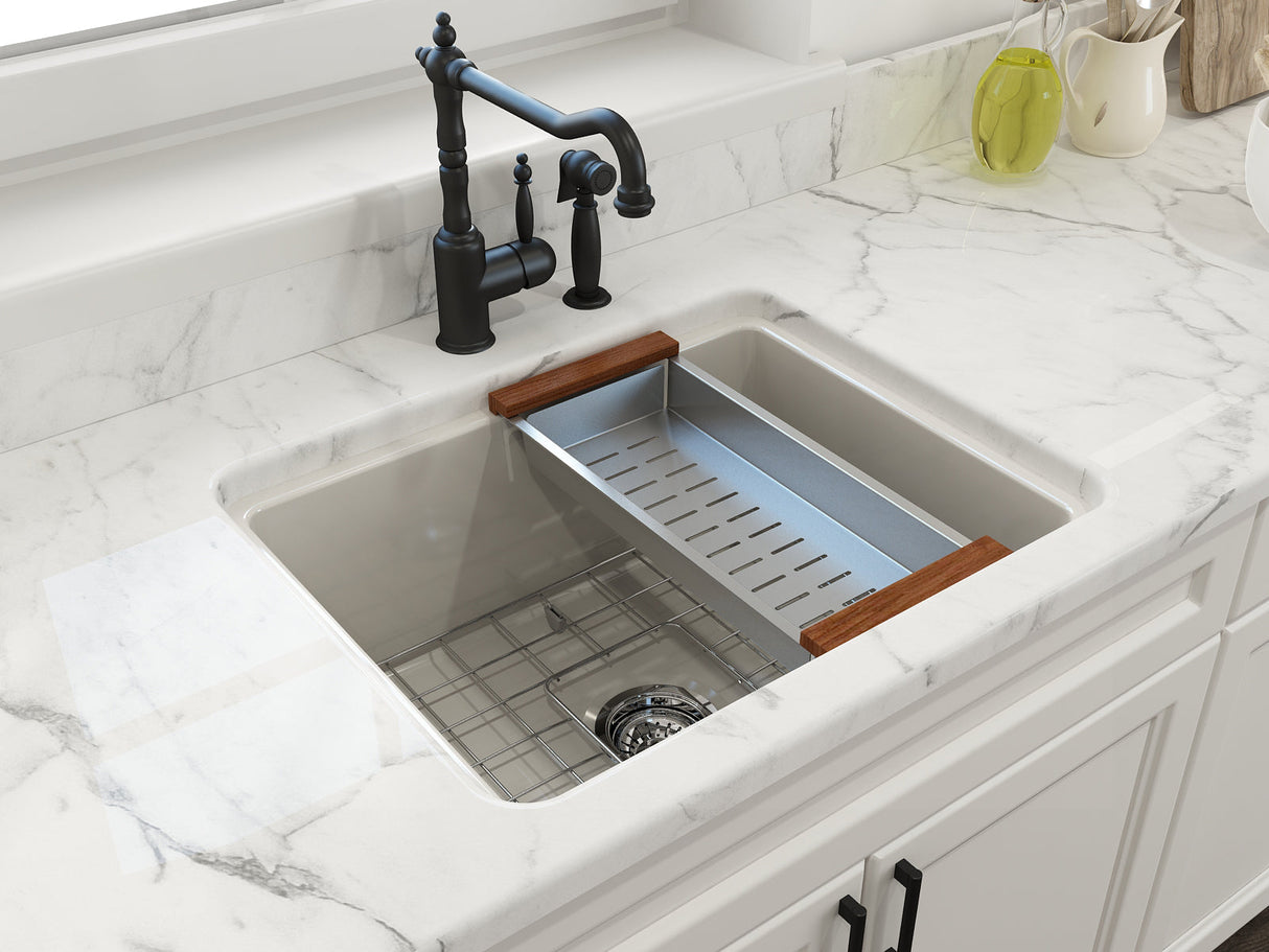 BOCCHI 1627-014-0120 Sotto Dual-Mount Fireclay 24 in. Single Bowl Kitchen Sink with Protective Bottom Grid and Strainer in Biscuit