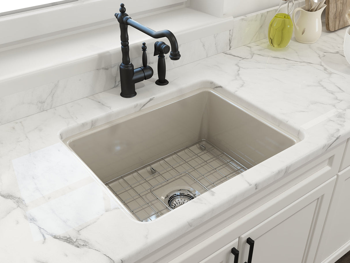 BOCCHI 1627-014-0120 Sotto Dual-Mount Fireclay 24 in. Single Bowl Kitchen Sink with Protective Bottom Grid and Strainer in Biscuit