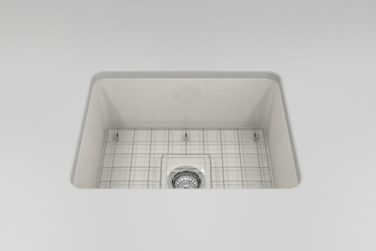 BOCCHI 1627-014-0120 Sotto Dual-Mount Fireclay 24 in. Single Bowl Kitchen Sink with Protective Bottom Grid and Strainer in Biscuit