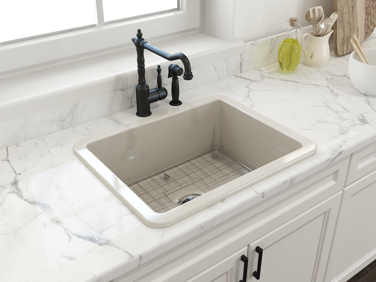 BOCCHI 1627-014-0120 Sotto Dual-Mount Fireclay 24 in. Single Bowl Kitchen Sink with Protective Bottom Grid and Strainer in Biscuit