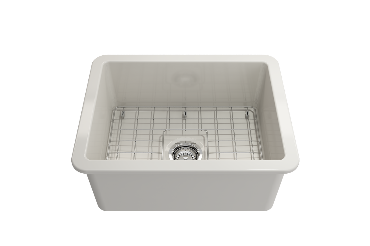 BOCCHI 1627-014-0120 Sotto Dual-Mount Fireclay 24 in. Single Bowl Kitchen Sink with Protective Bottom Grid and Strainer in Biscuit