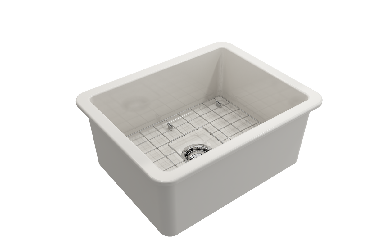 BOCCHI 1627-014-0120 Sotto Dual-Mount Fireclay 24 in. Single Bowl Kitchen Sink with Protective Bottom Grid and Strainer in Biscuit