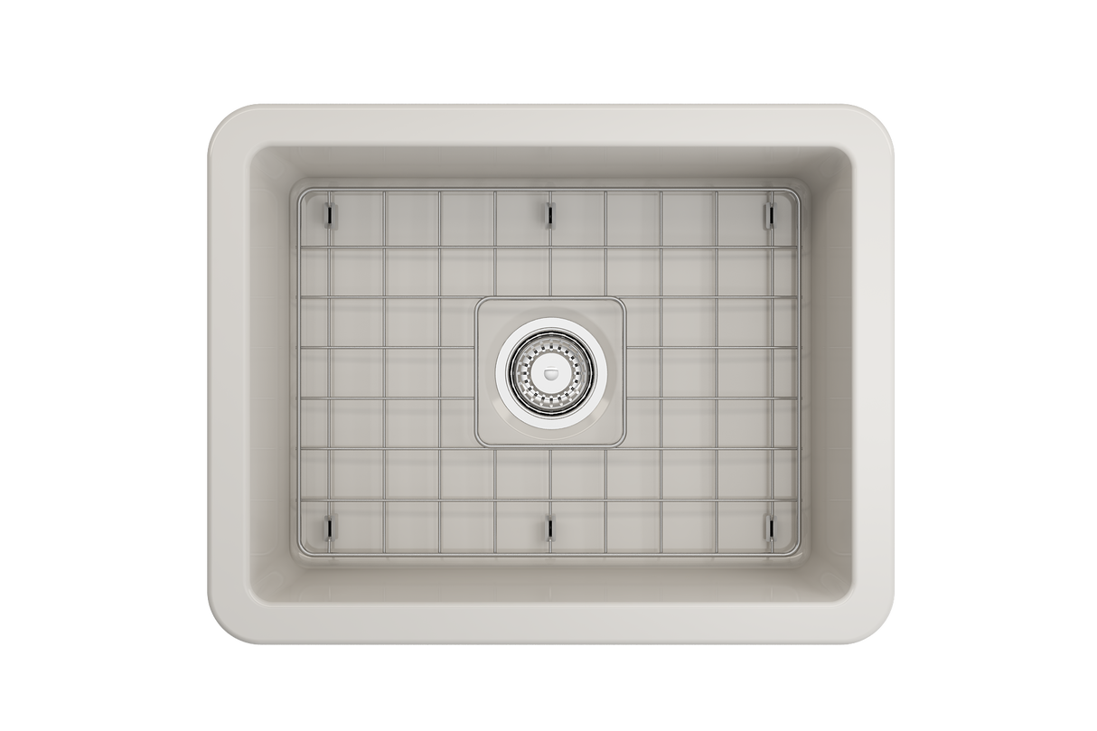 BOCCHI 1627-014-0120 Sotto Dual-Mount Fireclay 24 in. Single Bowl Kitchen Sink with Protective Bottom Grid and Strainer in Biscuit