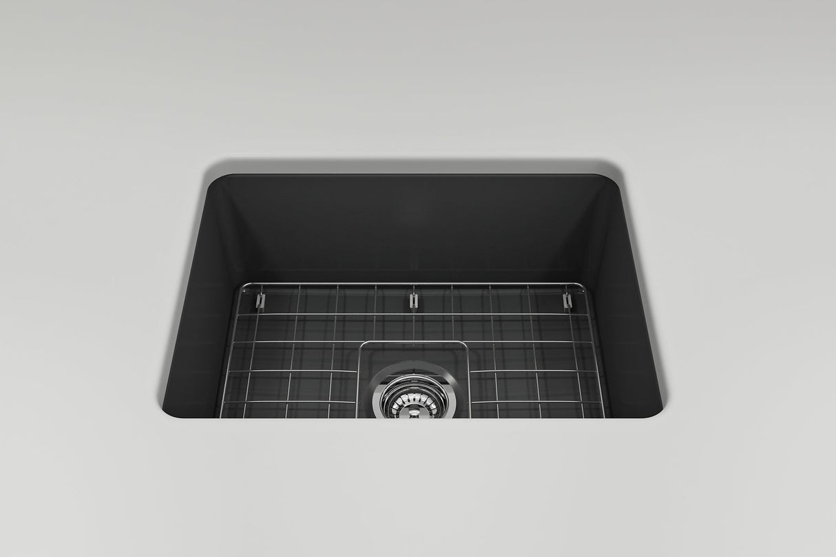 BOCCHI 1627-020-0120 Sotto Dual-Mount Fireclay 24 in. Single Bowl Kitchen Sink with Protective Bottom Grid and Strainer in Matte Dark Gray