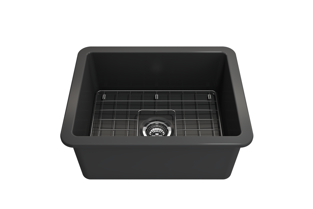 BOCCHI 1627-020-0120 Sotto Dual-Mount Fireclay 24 in. Single Bowl Kitchen Sink with Protective Bottom Grid and Strainer in Matte Dark Gray