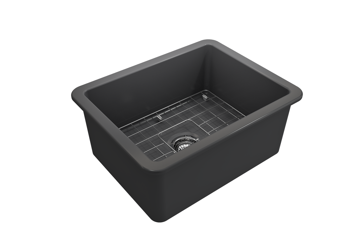 BOCCHI 1627-020-0120 Sotto Dual-Mount Fireclay 24 in. Single Bowl Kitchen Sink with Protective Bottom Grid and Strainer in Matte Dark Gray