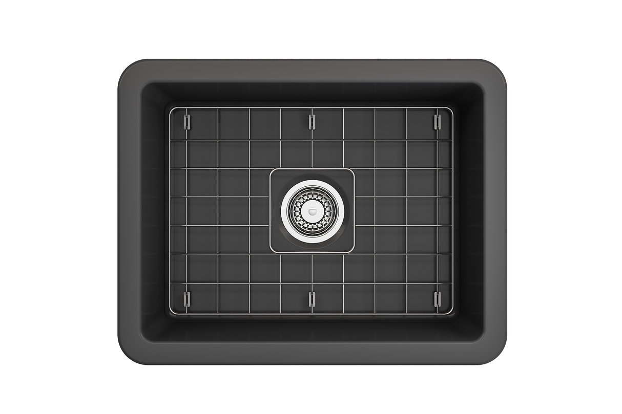 BOCCHI 1627-020-0120 Sotto Dual-Mount Fireclay 24 in. Single Bowl Kitchen Sink with Protective Bottom Grid and Strainer in Matte Dark Gray