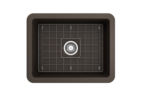 BOCCHI 1627-025-0120 Sotto Dual-Mount Fireclay 24 in. Single Bowl Kitchen Sink with Protective Bottom Grid and Strainer in Matte Brown