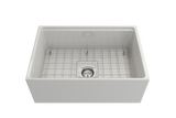 BOCCHI 1628-001-0120 Contempo Step-Rim Apron Front Fireclay 27 in. Single Bowl Kitchen Sink with Integrated Work Station & Accessories in White