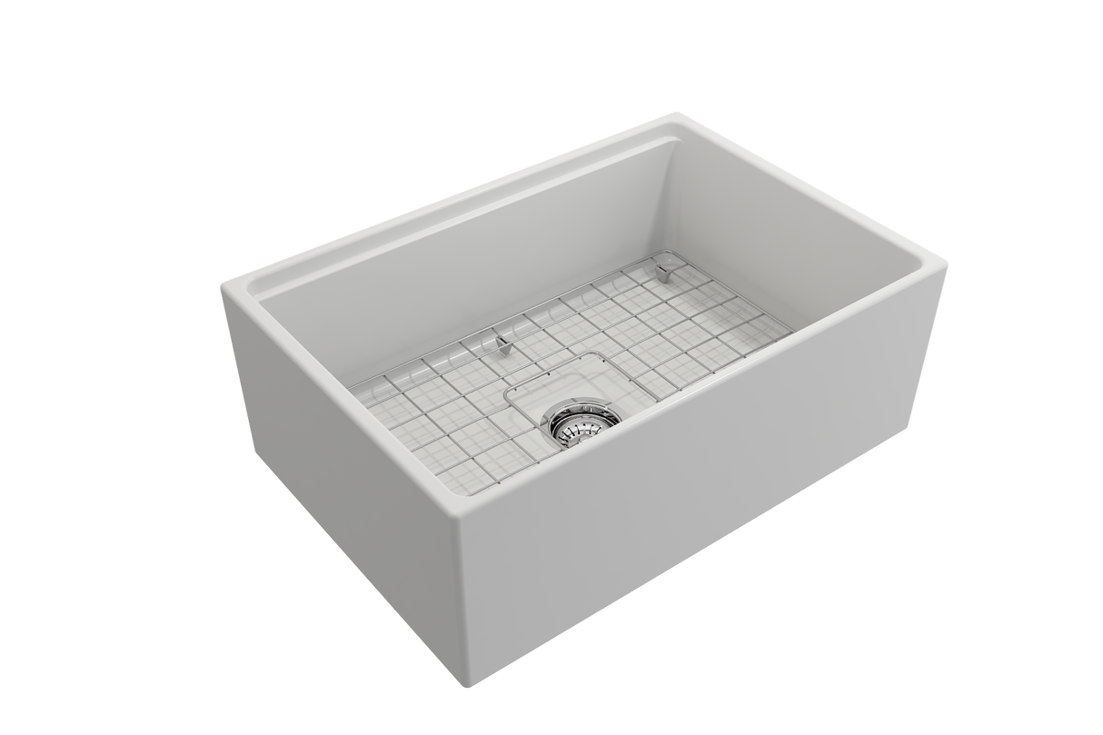 BOCCHI 1628-002-0120 Contempo Step-Rim Apron Front Fireclay 27 in. Single Bowl Kitchen Sink with Integrated Work Station & Accessories in Matte White