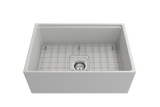 BOCCHI 1628-002-0120 Contempo Step-Rim Apron Front Fireclay 27 in. Single Bowl Kitchen Sink with Integrated Work Station & Accessories in Matte White