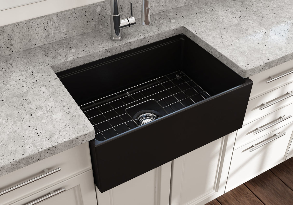 BOCCHI 1628-004-0120 Contempo Step-Rim Apron Front Fireclay 27 in. Single Bowl Kitchen Sink with Integrated Work Station & Accessories in Matte Black