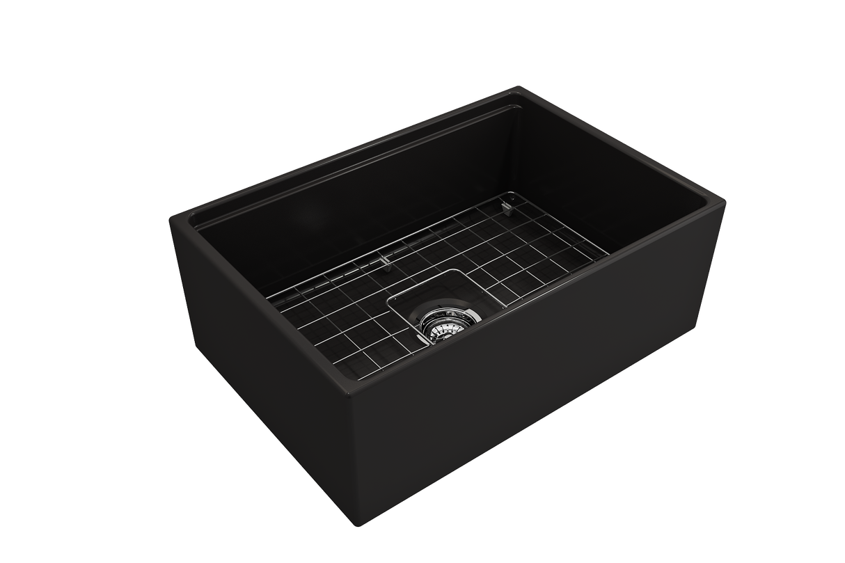 BOCCHI 1628-004-0120 Contempo Step-Rim Apron Front Fireclay 27 in. Single Bowl Kitchen Sink with Integrated Work Station & Accessories in Matte Black