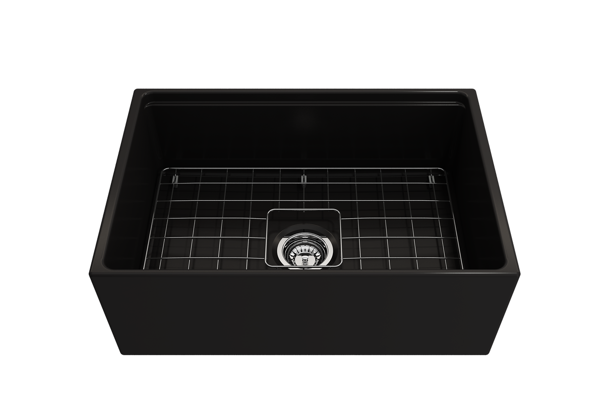 BOCCHI 1628-004-0120 Contempo Step-Rim Apron Front Fireclay 27 in. Single Bowl Kitchen Sink with Integrated Work Station & Accessories in Matte Black