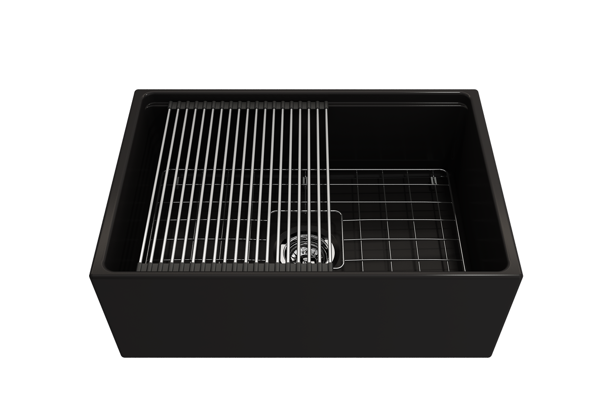 BOCCHI 1628-004-0120 Contempo Step-Rim Apron Front Fireclay 27 in. Single Bowl Kitchen Sink with Integrated Work Station & Accessories in Matte Black