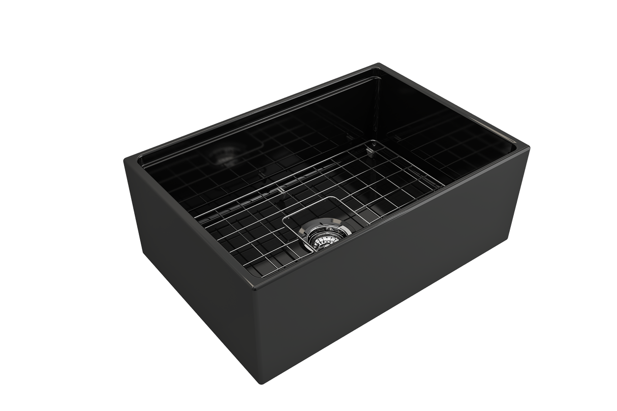 BOCCHI 1628-005-0120 Contempo Step-Rim Apron Front Fireclay 27 in. Single Bowl Kitchen Sink with Integrated Work Station & Accessories in Black