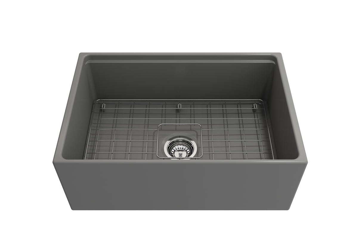 BOCCHI 1628-006-0120 Contempo Step-Rim Apron Front Fireclay 27 in. Single Bowl Kitchen Sink with Integrated Work Station & Accessories in Matte Gray