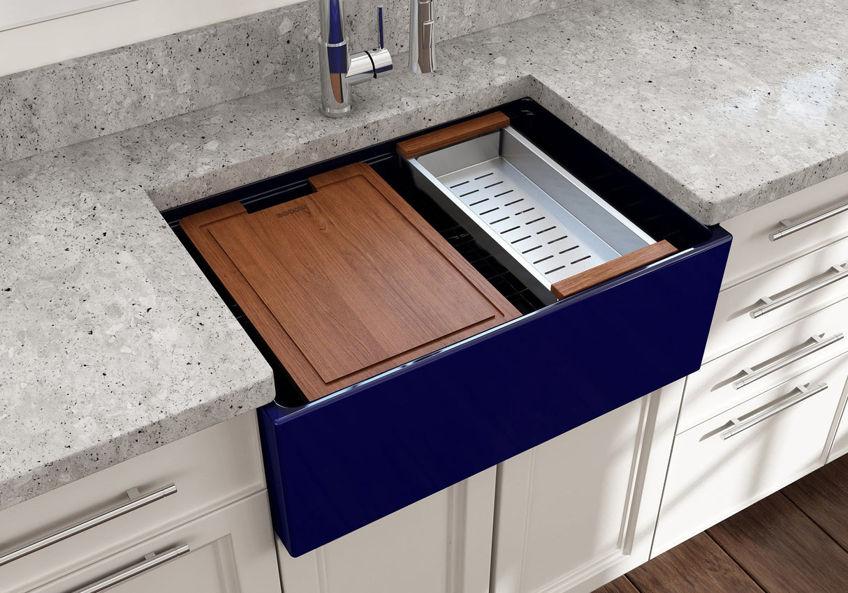 BOCCHI 1628-010-0120 Contempo Step-Rim Apron Front Fireclay 27 in. Single Bowl Kitchen Sink with Integrated Work Station & Accessories in Sapphire Blue