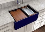 BOCCHI 1628-010-0120 Contempo Step-Rim Apron Front Fireclay 27 in. Single Bowl Kitchen Sink with Integrated Work Station & Accessories in Sapphire Blue