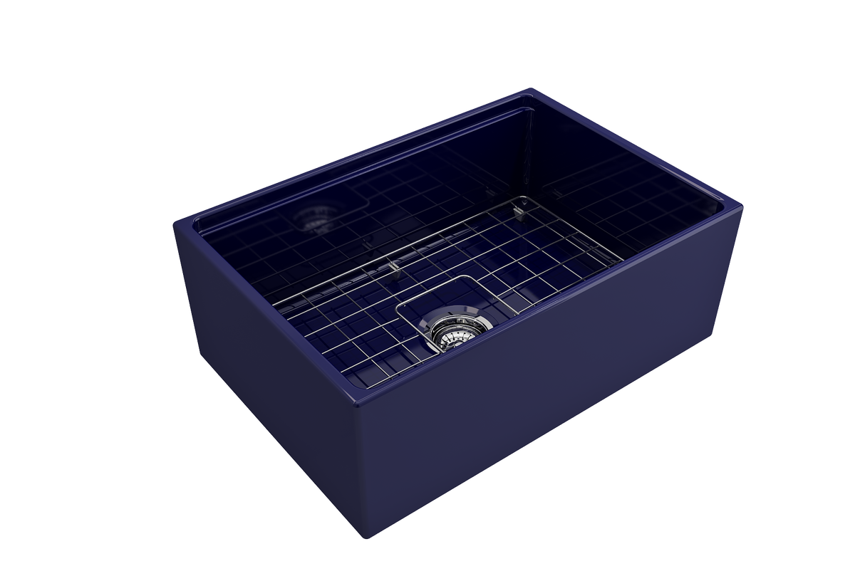 BOCCHI 1628-010-0120 Contempo Step-Rim Apron Front Fireclay 27 in. Single Bowl Kitchen Sink with Integrated Work Station & Accessories in Sapphire Blue