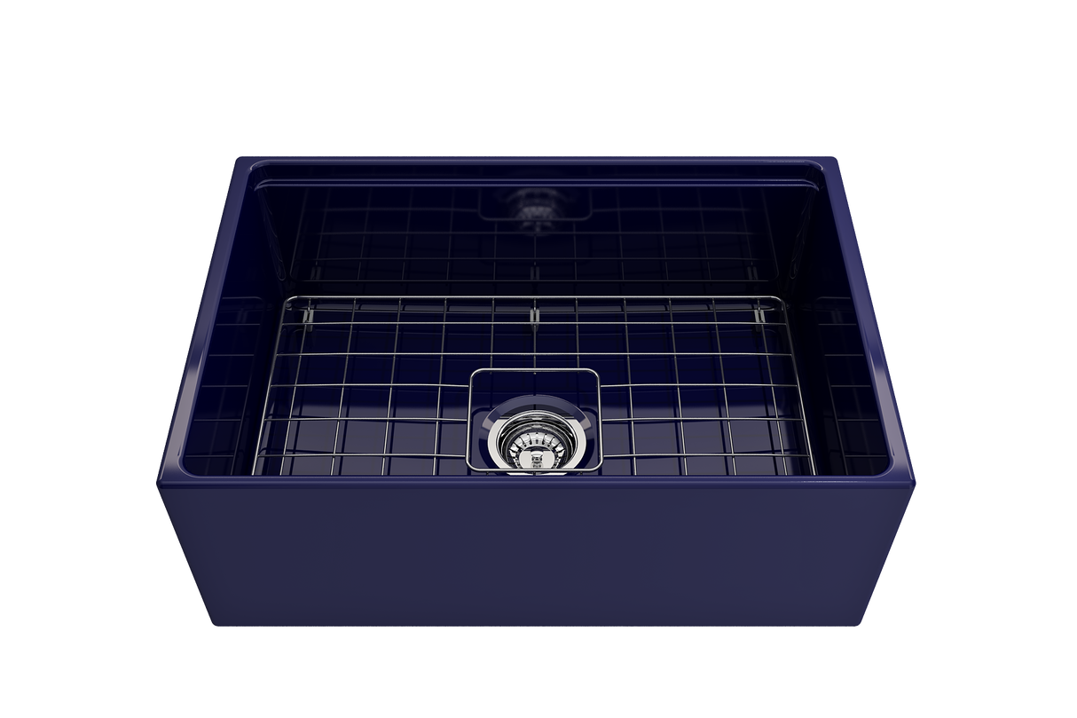 BOCCHI 1628-010-0120 Contempo Step-Rim Apron Front Fireclay 27 in. Single Bowl Kitchen Sink with Integrated Work Station & Accessories in Sapphire Blue